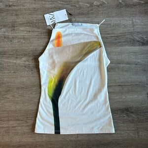 Zara White Floral Graphic Top Boat Neck Tank Top